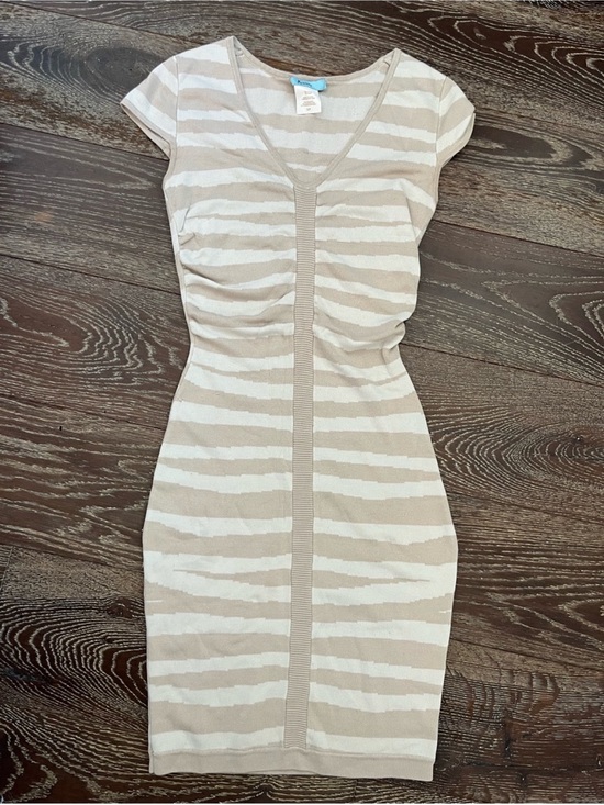 Marciano Dresses & Skirts - Vintage Marciano Beige and White Striped V‑Neck Knit Pencil Dress